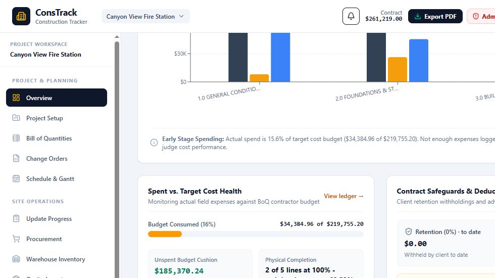ConsTrack sample project showing expense capture, progress reporting, contract values, cost budget and billing totals